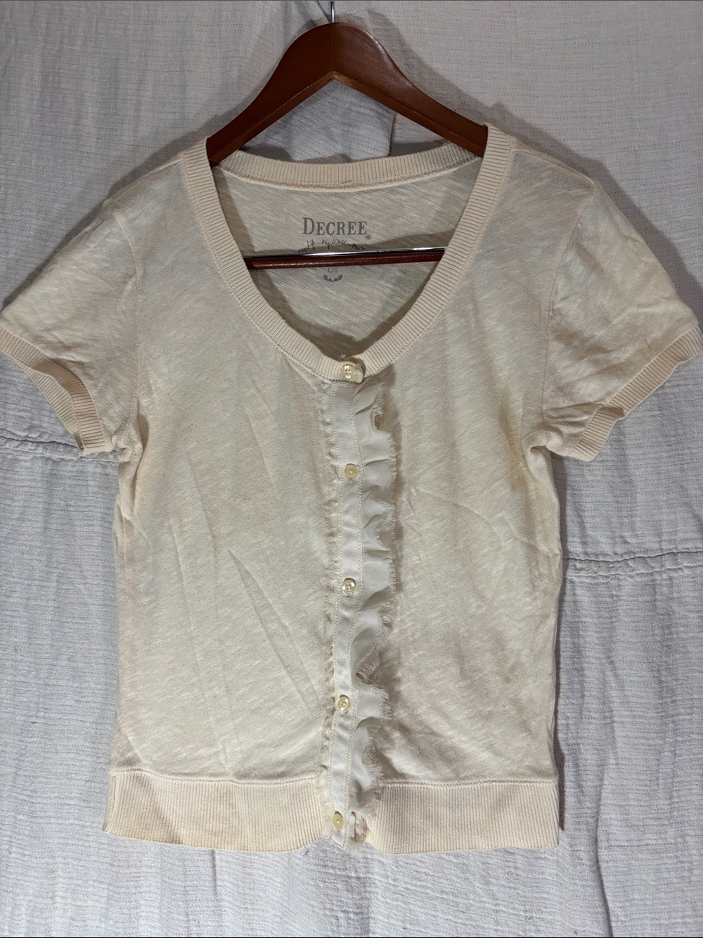 Decree Cream Ruffle Button Up Cardigan Short Sleeve 100% Cotton L EUC